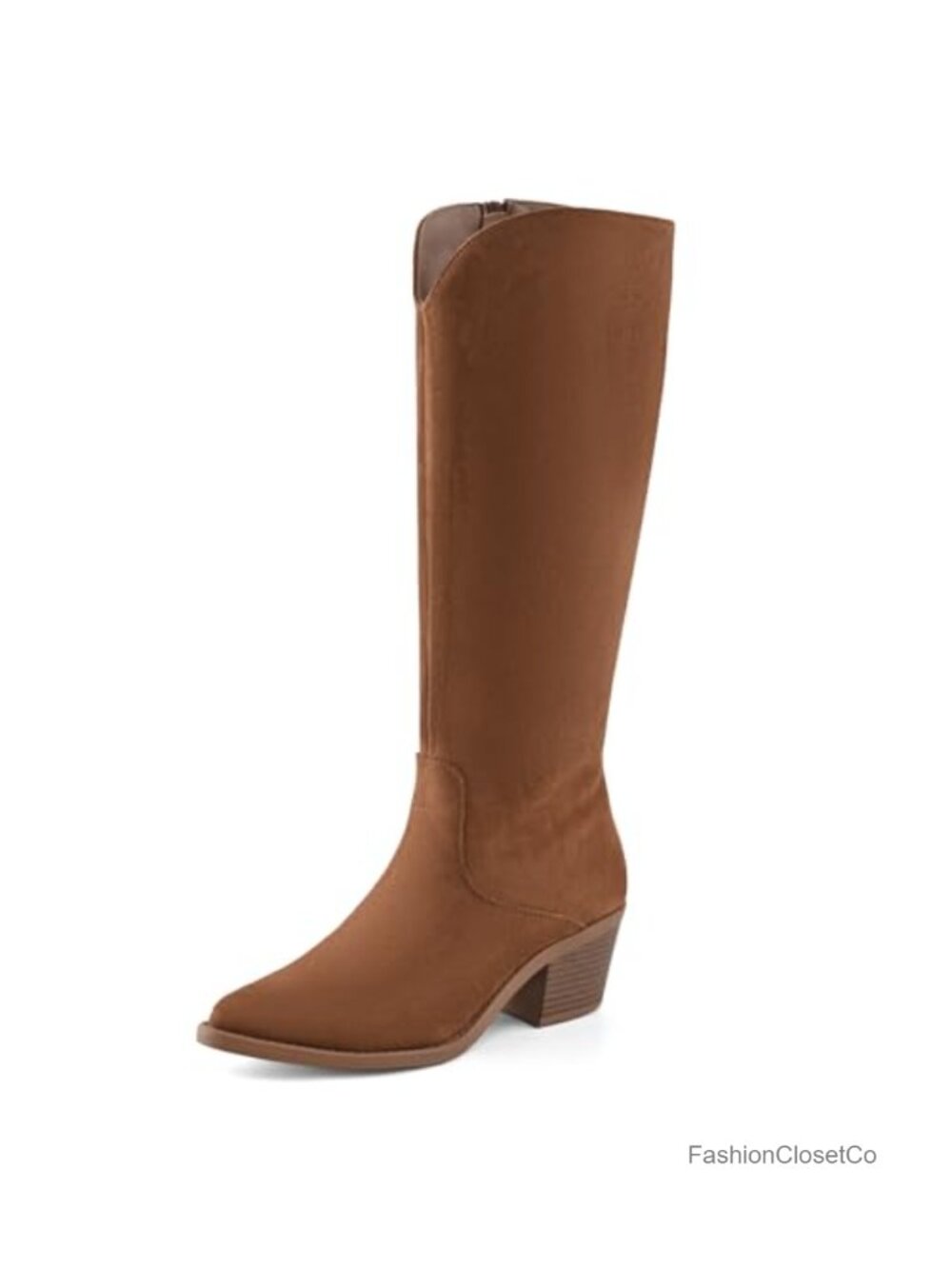 Rustic Western Knee High Boots for Women Pointed Toe Stacked Chunky Heel Side
